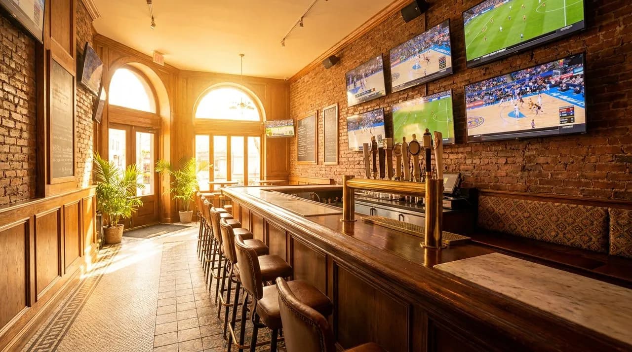 Bright sunny late-afternoon NYC Garden-adjacent sports bar interior, long polished wood bar, brass beer taps, multiple flat-screen TVs on brick wall, leather stools, chalkboard tip-off schedule, no pe