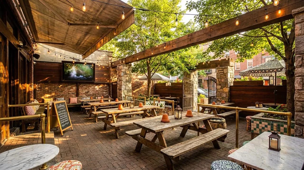 Bright sunny late-afternoon NYC Brooklyn bar patio, picnic tables, large outdoor flat-screen TV under awning, string lights, leafy summer trees, chalkboard A-frame, polished brass railings, vivid gold