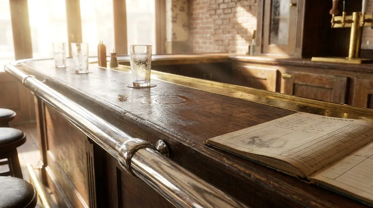 Extreme close-up of a chrome bar rail at a NYC playoff bar, condensation rings, edge of an open scorebook page, soft daylight halo, brick texture blurred behind, vivid color