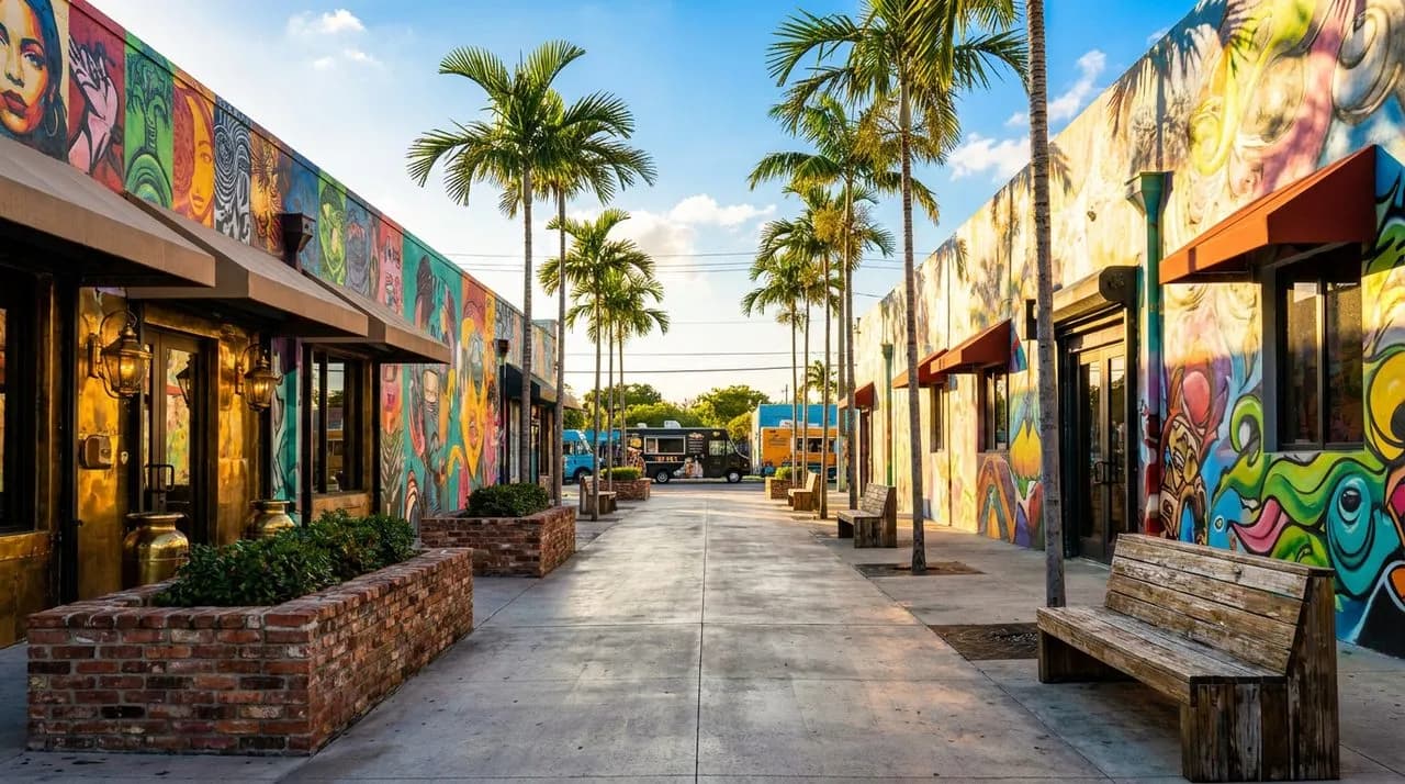Bright sunny Miami late-afternoon wide view of Wynwood mural block on a Second Saturday, saturated colorful mural wall, tall palm trees, vivid blue sky, polished concrete sidewalk, food truck silhouet