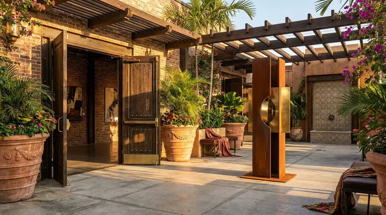 Bright sunny Miami golden-hour Wynwood gallery courtyard, weathered industrial doors thrown open, leafy planters, outdoor metal sculpture, polished concrete patio, vivid warm light