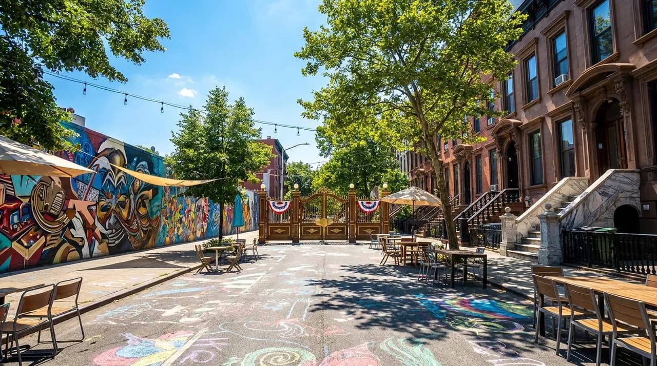 Bright sunny midday Brooklyn block party street, barricade across far end, mural wall on one side, brownstone stoops, polished asphalt with chalk art, leafy summer trees, vivid blue sky, no people