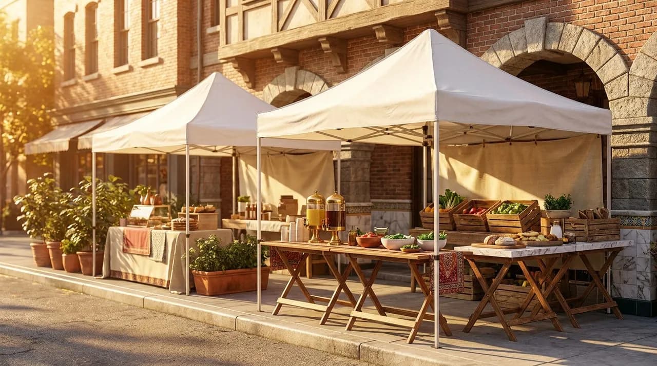 Bright sunny afternoon Brooklyn block party food vendor row, two white pop-up tents, folding tables, brass drink dispensers, leafy planters, polished concrete curb, vivid daylight