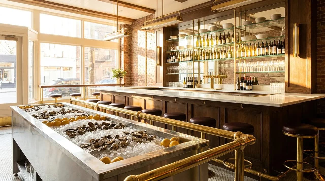 Bright sunny mid-afternoon Greenpoint oyster bar counter interior, chrome ice bin packed with crushed ice, brass foot rail, glass shelving with wine bottles, polished marble counter, leather stools, n
