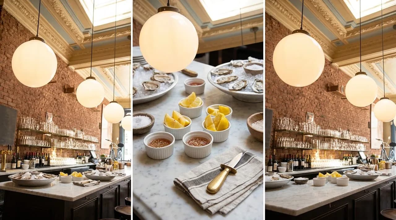 Bright sunny noon overhead view of a Greenpoint oyster counter, glowing globe pendant lights, white ceramic mignonette ramekins, freshly cut lemon wedges, brass shucking knife on cloth, polished marbl