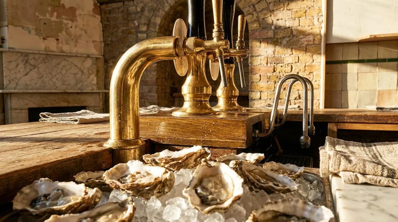 Extreme close-up of a brass beer tap at an Astoria oyster bar, freshly shucked oyster shells on crushed ice, condensation drops on the tap, soft side raking afternoon light, polished counter surface