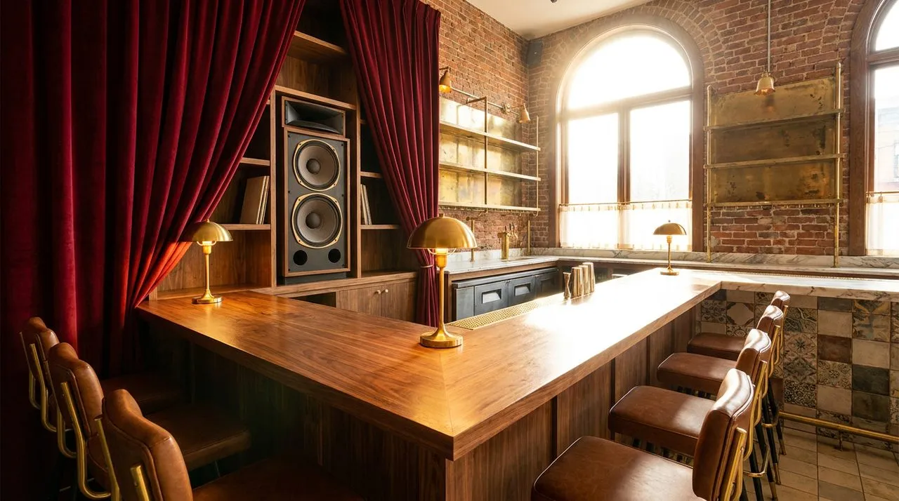 Bright sunny mid-afternoon Lower East Side listening bar counter, deep red velvet curtain partly drawn, polished walnut counter, leather stools, vintage speaker stack on shelving, brass lamp, no peopl