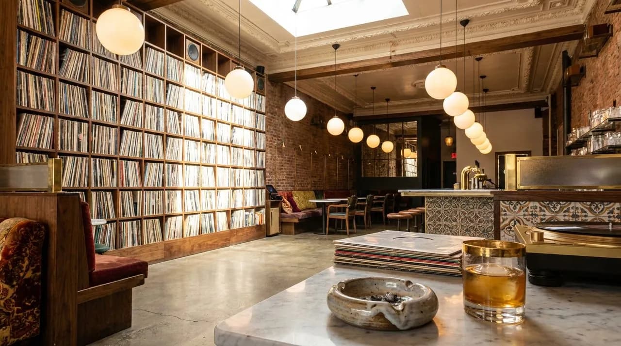 Bright sunny noon view of a LES listening bar, glowing globe pendant lights, vinyl record shelving wall, ceramic ashtray on a table, brass-rimmed tumbler, polished concrete floor