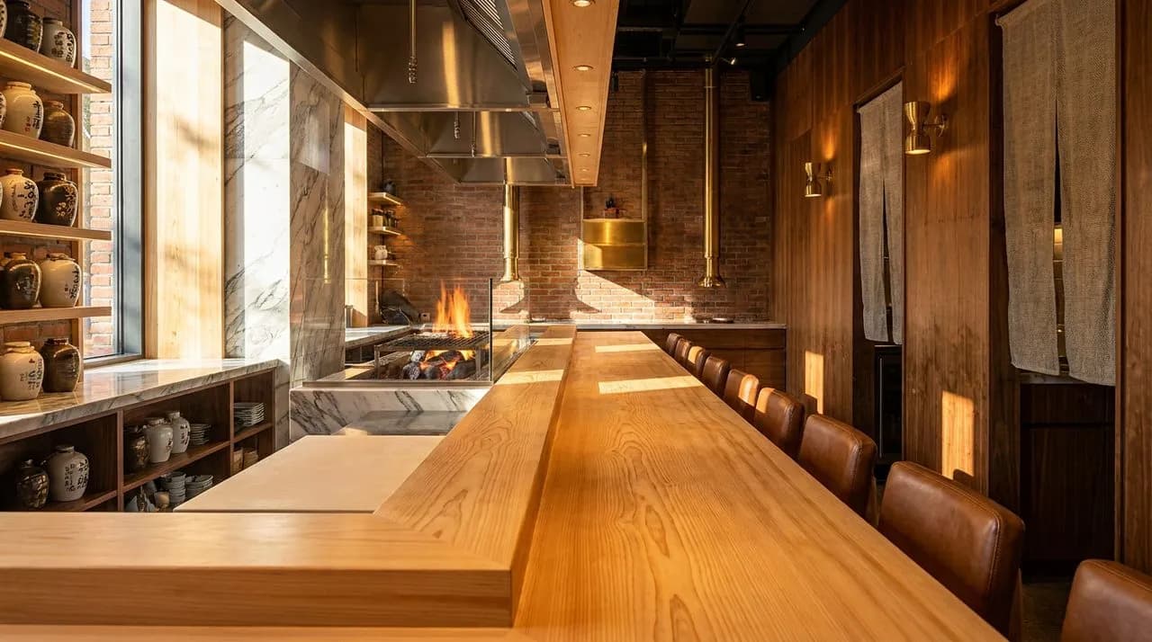 Bright sunny mid-afternoon SF Mission izakaya counter interior, polished hinoki wood counter, glowing binchotan grill behind chef station, ceramic sake jars on shelving, leather stools, no people, viv