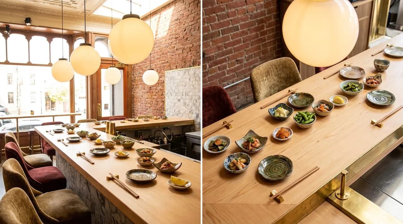 Bright sunny noon overhead view of an SF izakaya counter, glowing globe pendant lights, small ceramic appetizer dishes neatly arranged, brass chopstick rests, polished hinoki wood, lemon wedge on a sa