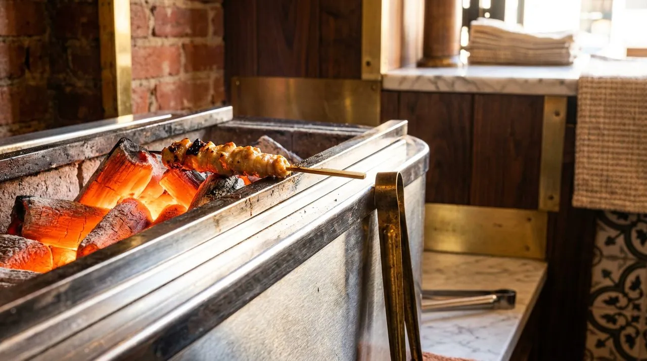 Extreme close-up of a chrome grill rail edge at a SF izakaya, glowing binchotan charcoal embers, edge of a wood skewer with crisp char, brass tongs hooked on rail, ambient afternoon daylight halo