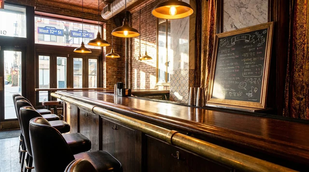 Bright sunny late-afternoon NYC Koreatown counter interior, polished wood counter, brass foot rail, chalkboard menu in Korean and English, leather stools, neon spill from West 32nd Street through wind