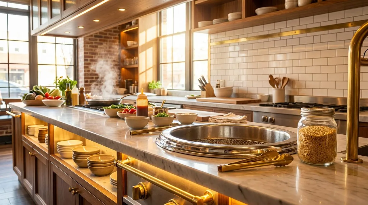 Bright sunny afternoon Koreatown counter chef station, chrome fryer rim, brass tongs resting on edge, sesame seed jar, polished prep counter, white tile splash wall, vivid color