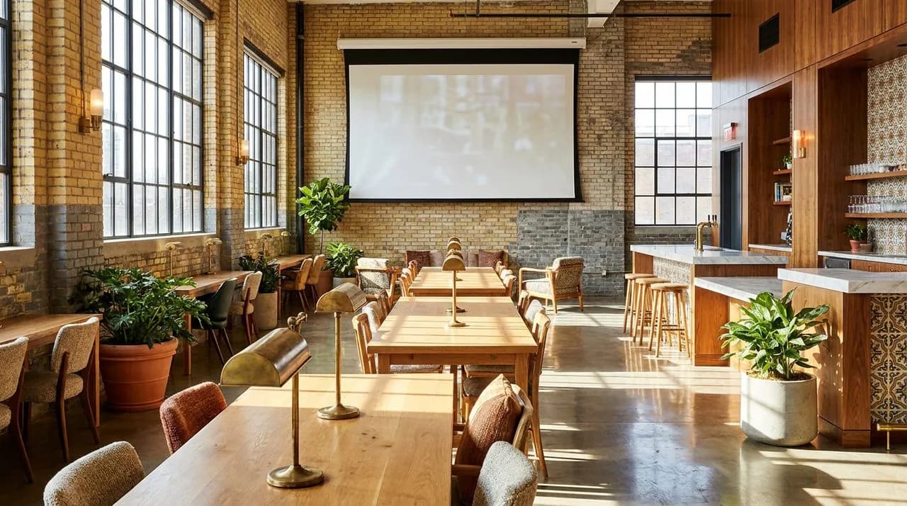 Bright sunny midday Brooklyn Navy Yard co-working watch-party room, polished concrete floor, long wood tables, brass-stem reading lamps, large white projection screen, factory windows, leafy planters,