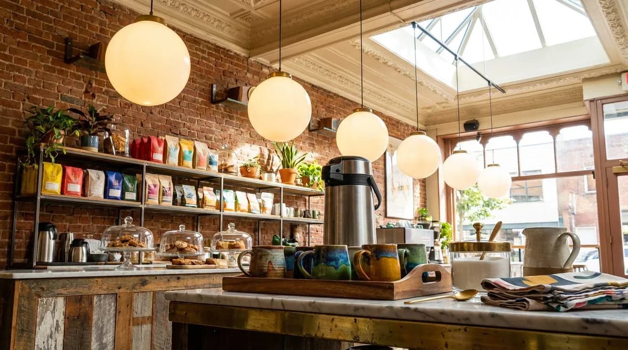 Bright sunny noon view of free coffee service at a NYC dev watch meetup, glowing globe pendant lights, polished steel coffee airpot, ceramic mugs on wood tray, brass-rimmed sugar bowl, vivid color