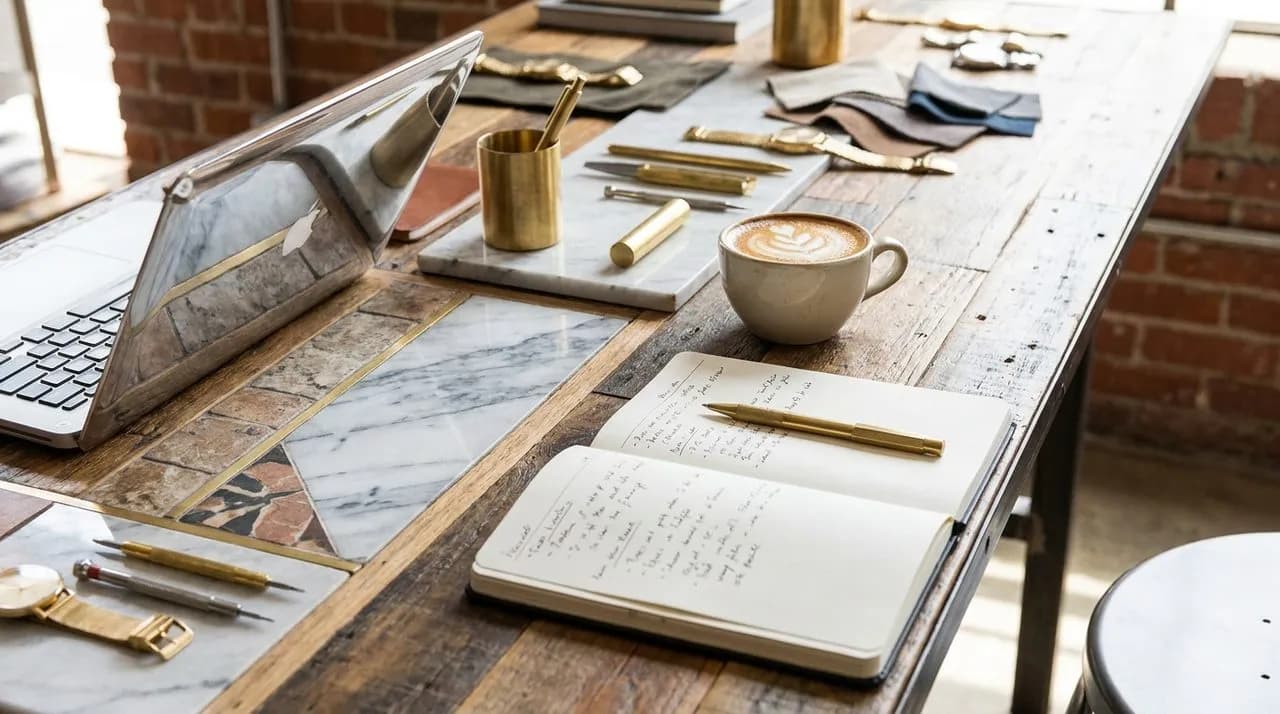 Bright sunny midday overhead detail of a co-working table at a dev watch meetup, edge of a chrome laptop, open notebook with handwritten notes, ceramic coffee cup, brass pen, polished wood surface