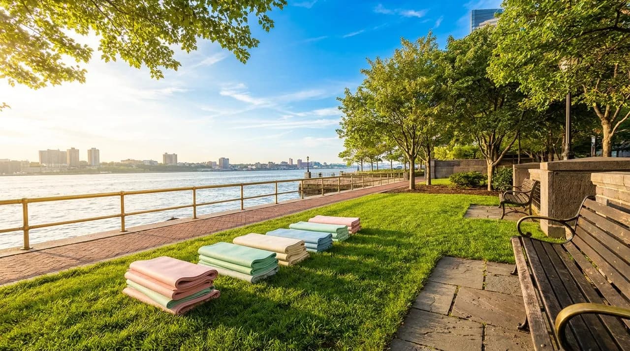 Bright sunny early-morning Battery Park lawn yoga setup, bright green grass, polished brass railing along waterfront, neatly stacked folded yoga mats in pastel colors, Hudson River backdrop, vivid sky