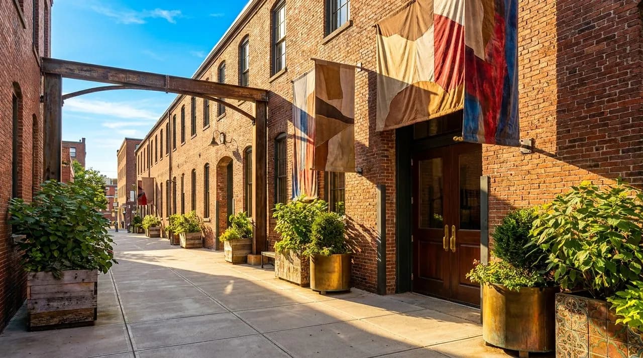 Bright sunny Boston late-afternoon SoWa First Friday street view, brick warehouse facade, gallery banner hanging over door, leafy sidewalk planters, polished concrete sidewalk, vivid blue sky, no peop