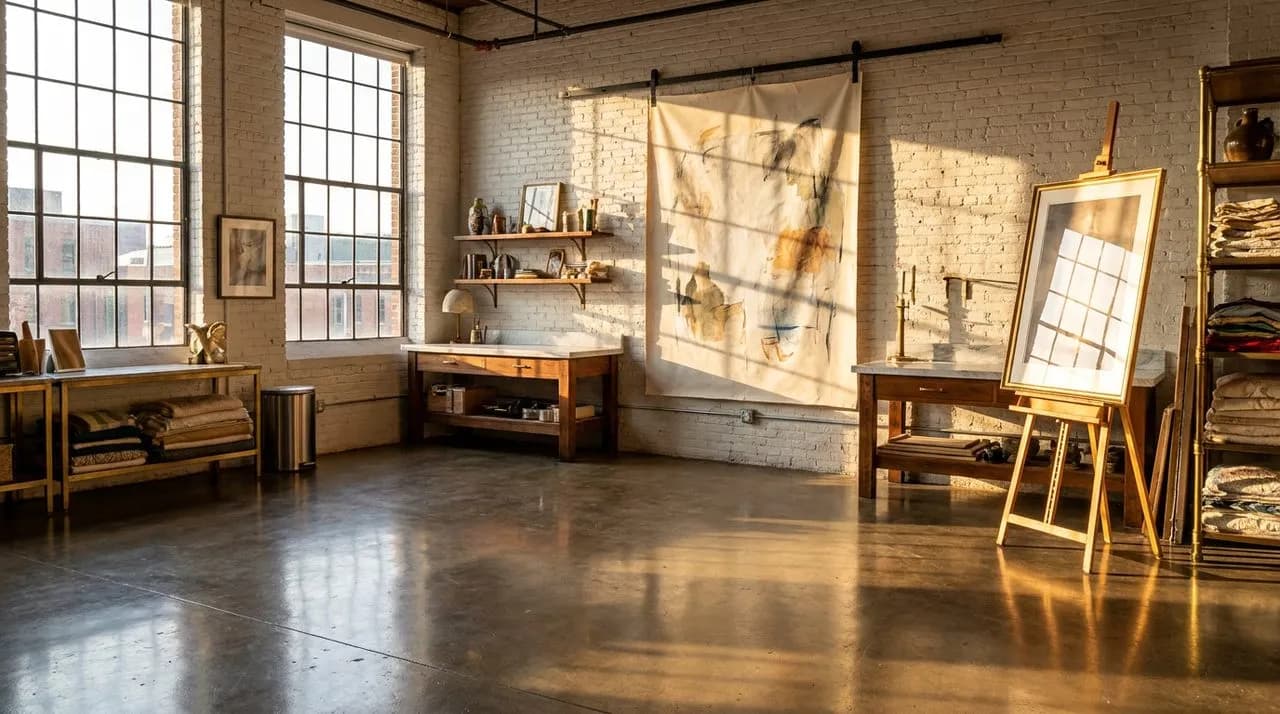 Bright sunny late-afternoon Boston SoWa open studio interior, polished concrete floor, large canvas hanging on white brick wall, brass easel with framed print, vivid daylight from tall industrial wind