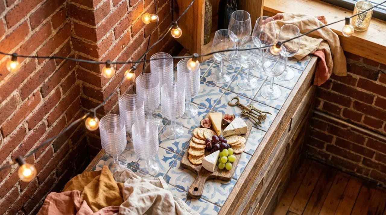 Bright early-evening overhead detail of a Boston open-studio refreshment table, patterned tile counter inset, neatly arranged plastic wine cups, small cheese plate on wood board, brass corkscrew, warm