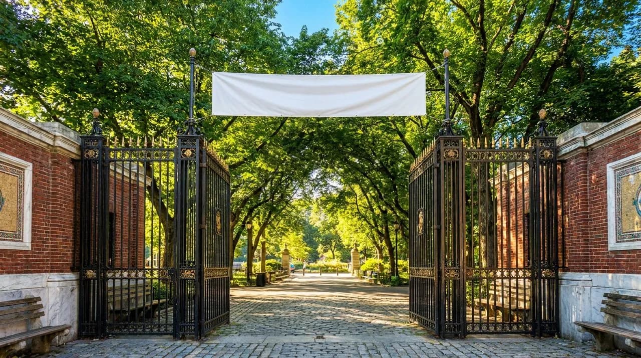 Bright sunny afternoon Central Park entrance near Rumsey Playfield, wrought-iron gate, leafy tree archway, white SummerStage banner, polished cobble path, vivid blue sky