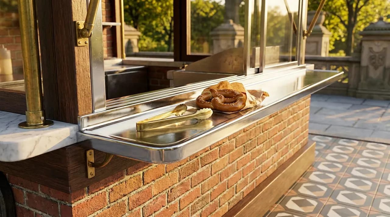 Extreme close-up of a chrome food cart serving window edge just outside Central Park, brass tongs resting on rail, freshly wrapped pretzel in paper, vivid warm raking light, no people