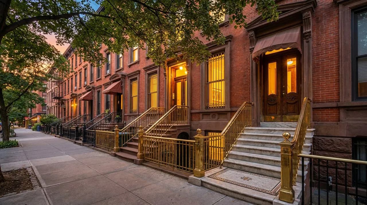 Bright sunny late-afternoon NYC East Village quiet residential block at start of blue hour, leafy tree canopy, brownstone facades, warm window glow, brass stoop railings, polished concrete sidewalk, v