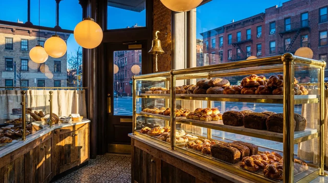 Bright sunny late-afternoon view into an East Village Ukrainian bakery window during blue hour, glowing globe pendant, polished glass display case with breads, brass bell over door, vivid warm interio