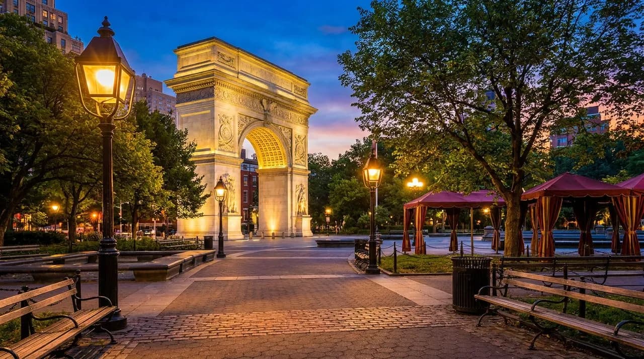 Bright sunny late-afternoon view of Washington Square Park arch at blue hour, marble facade glow, leafy tree canopy, polished cast-iron path lamps lighting up, vivid sky gradient, no people