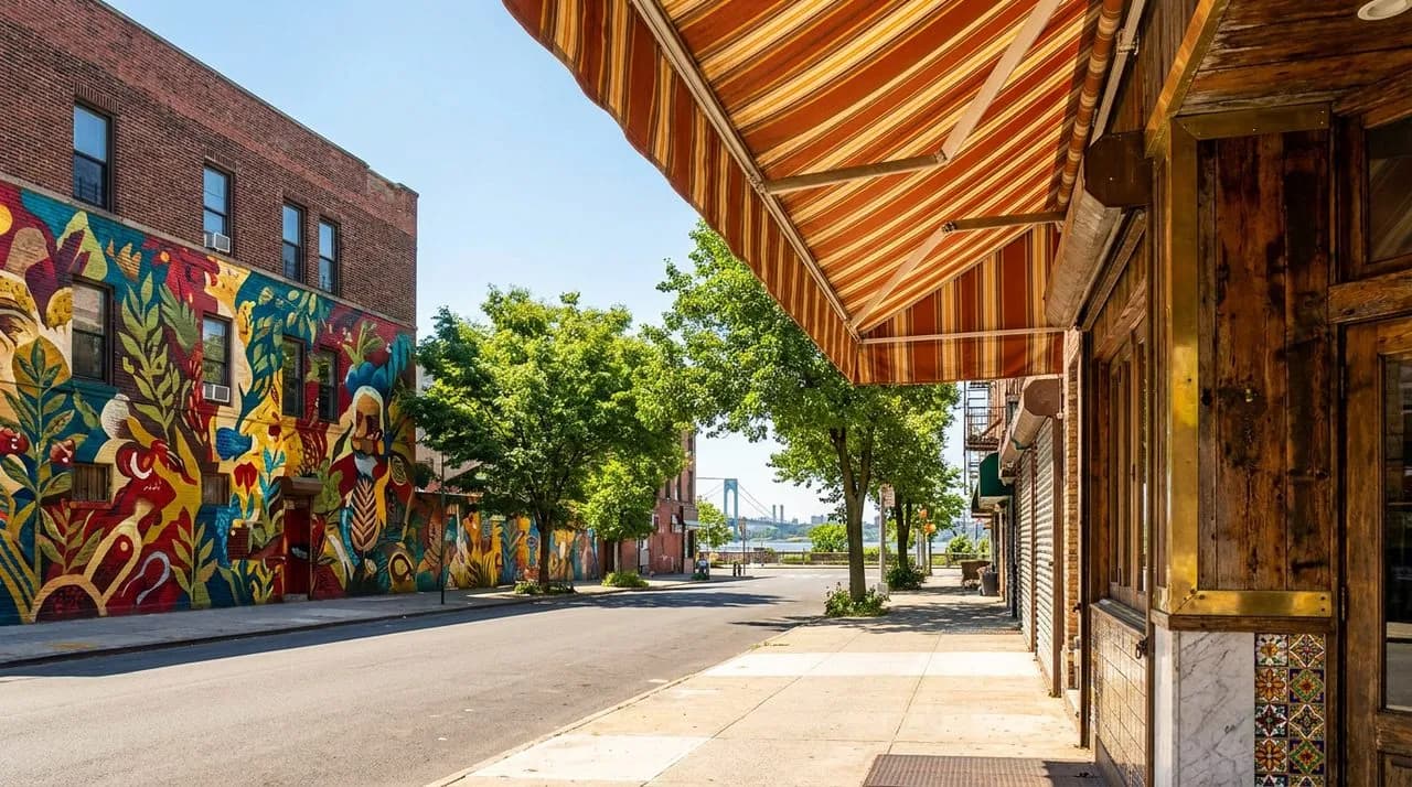 Bright sunny midday Brooklyn Sunset Park 4th Avenue wide street view, colorful mural wall on one side, taqueria awning visible, distant harbor glimpse, vivid blue sky, leafy summer trees, polished con
