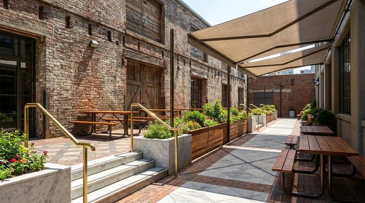 Bright sunny afternoon Industry City open courtyard in Brooklyn, weathered warehouse facade, leafy planters, polished brass railings, picnic tables, awning shadow, vivid daylight, no people