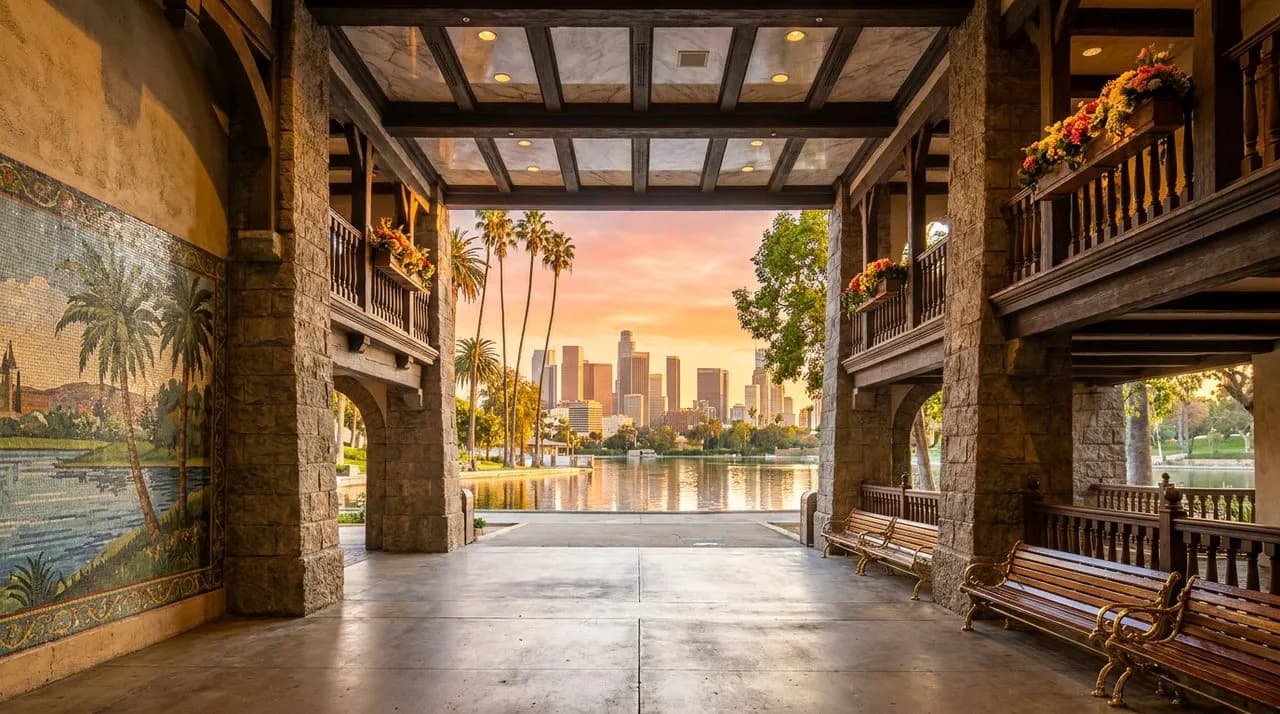 Bright sunny LA late-afternoon Echo Park Lake path, calm water surface, tall palm silhouettes, downtown LA skyline backdrop, polished concrete path, leafy trees, vivid sky, no people