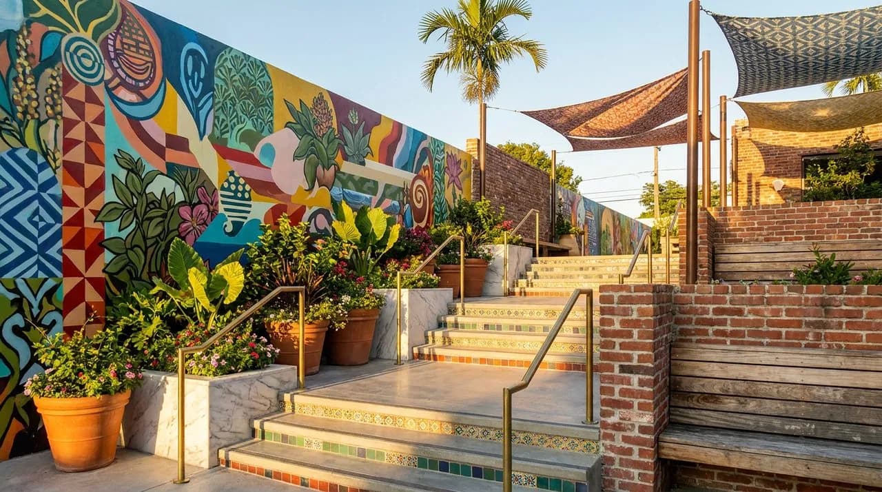 Bright sunny LA late-afternoon Silver Lake reservoir steps area, colorful mural retaining wall, polished concrete steps, leafy planters, palm tree silhouette, vivid warm raking light, no people