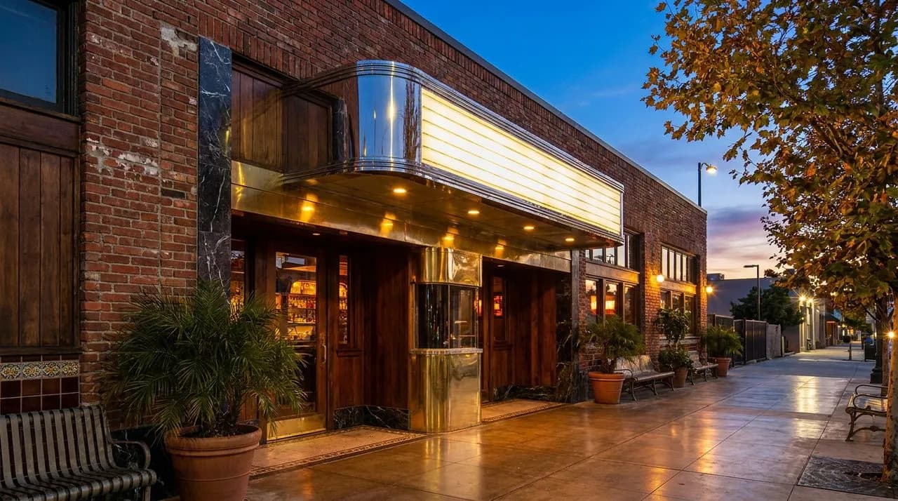 Bright sunny LA late-afternoon Sunset Junction bar exterior, chrome marquee letters lit, brick facade, polished concrete sidewalk, leafy street tree, vivid sky gradient at blue hour