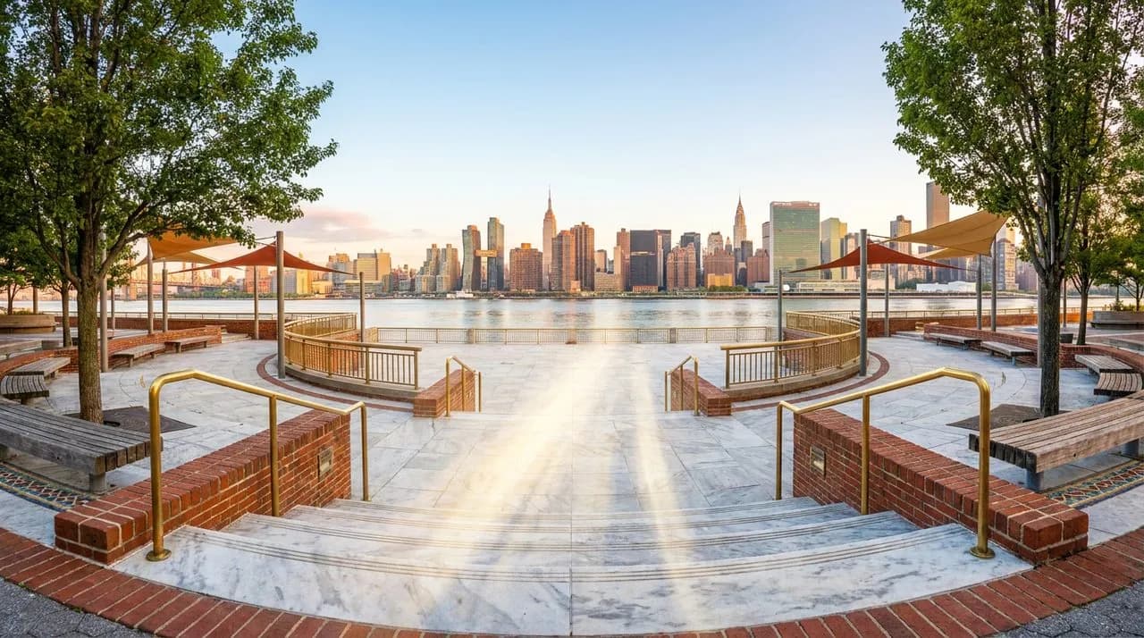 Bright sunny early-morning Four Freedoms Park marble plaza at south tip of Roosevelt Island, polished marble stairs, calm East River, Manhattan skyline backdrop, vivid pale-blue dawn sky, leafy trees,