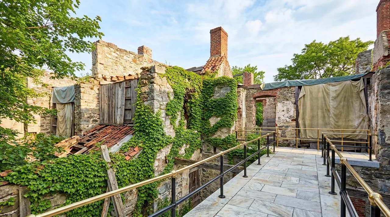 Bright sunny early-morning Smallpox Hospital ruins on Roosevelt Island, weathered stone wall, ivy climbing brick remnants, polished cast-iron safety railing, leafy summer trees, vivid pale sky