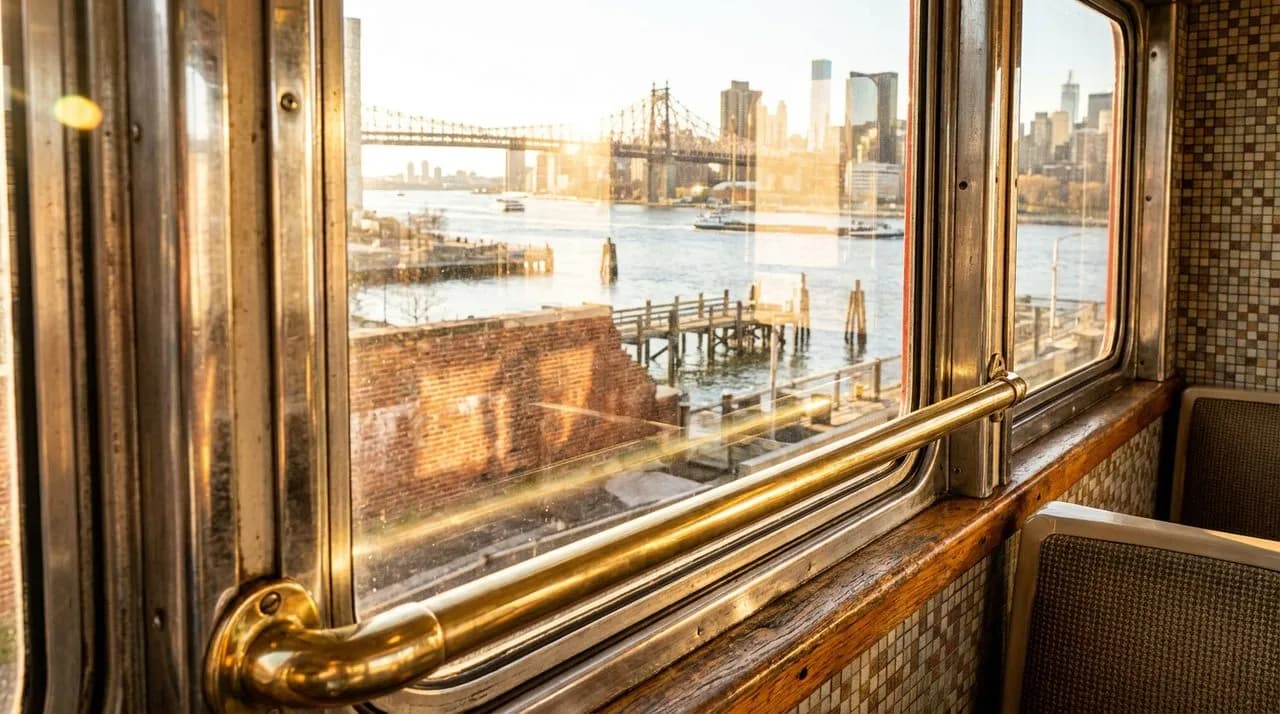 Extreme close-up of a chrome Roosevelt Island tram cabin window frame, East River and Manhattan skyline reflected in glass, polished brass handrail, vivid morning sun reflection, soft warm light