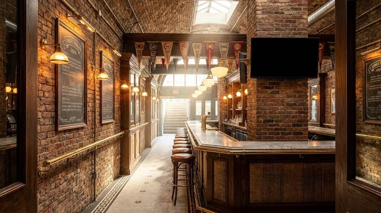 Bright sunny mid-afternoon NYC subway mezzanine bar interior, exposed brick walls, brass railings, chalkboard menus, vintage soccer pennants on wall, polished wood bar, leather stools, large flat scre