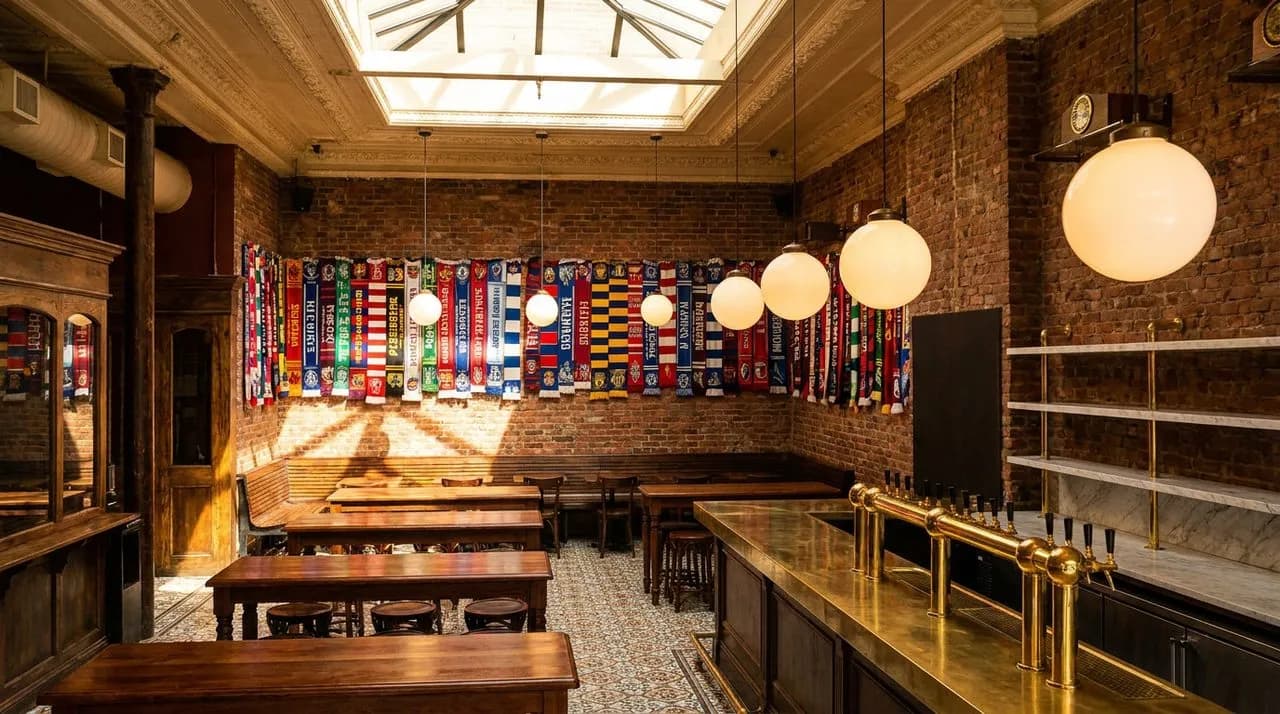 Bright sunny afternoon view of NYC underground bar from above showing globe pendant lights, polished wood tables, soccer scarves hung on far wall, ceramic tile floor, brass beer taps