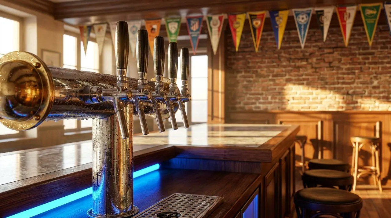 Extreme close-up of polished chrome and brass beer taps on a NYC mezzanine bar counter, condensation drops, reflection of vintage soccer pennants, exposed brick wall in soft blur, neon under-counter g