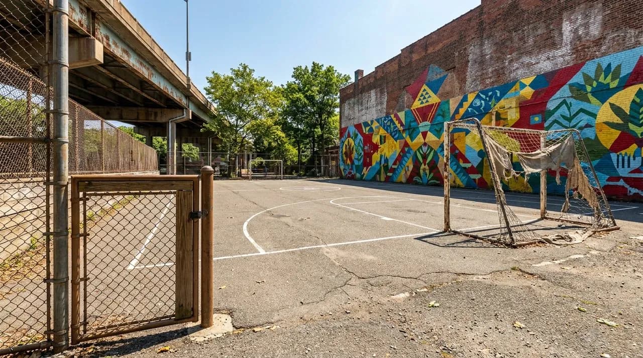 Bright sunny midday NYC pickup soccer field under elevated highway, fenced asphalt court, colorful mural wall on one side, weathered metal goal, painted sideline, leafy summer trees beyond, vivid blue