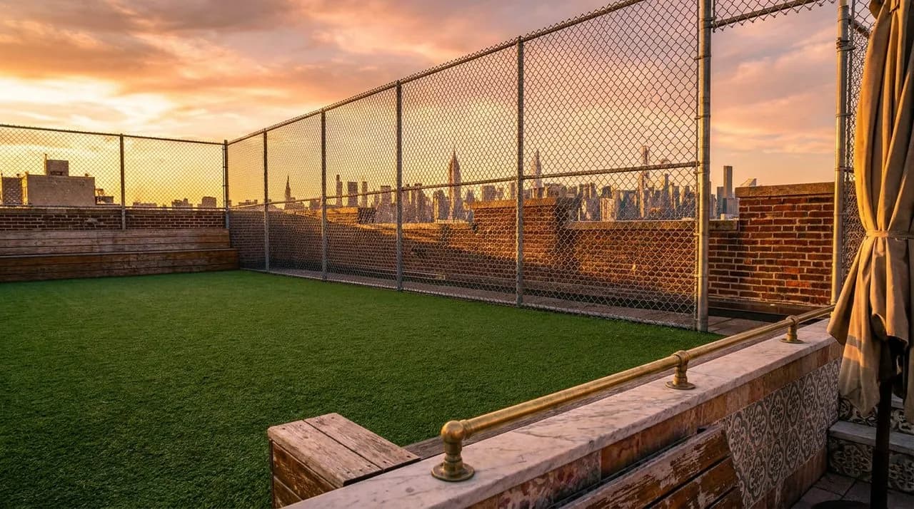 Bright sunny late-afternoon NYC rooftop soccer pitch in Bushwick, green turf, chain-link fence, Manhattan skyline silhouette behind, weathered brick parapets, summer evening glow