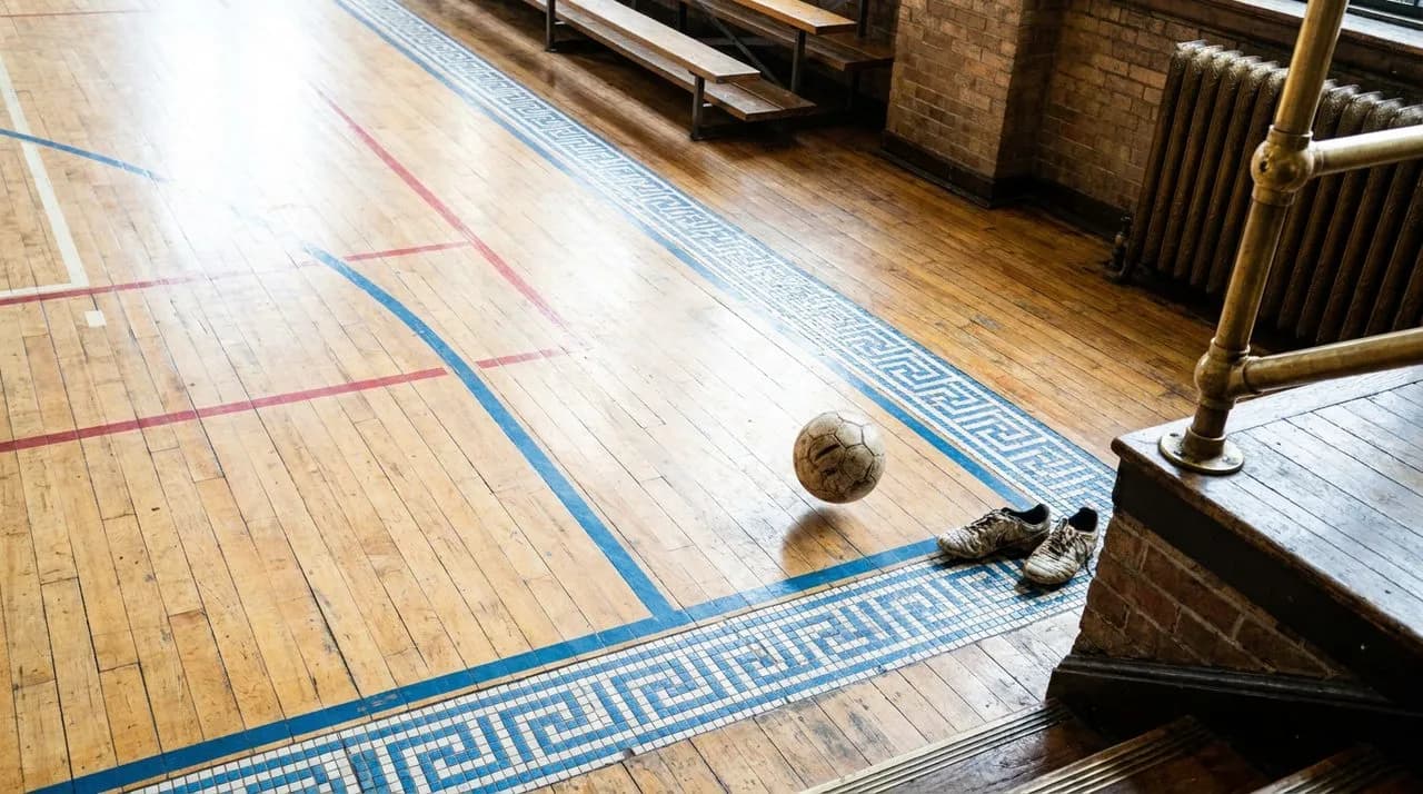 Bright sunny midday overhead shot of a NYC gym floor pickup soccer game corner, patterned colored line markings, scuffed soccer ball mid-stride, worn cleats, wood floor texture