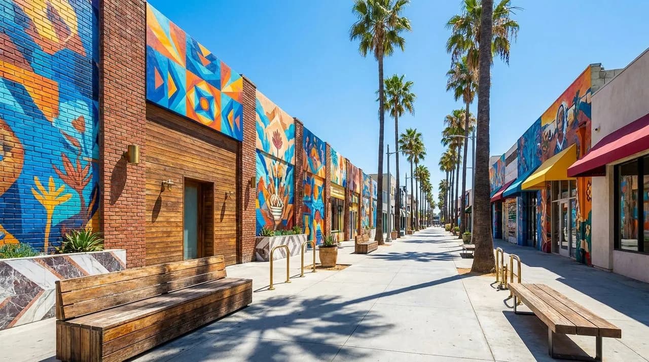 Bright sunny LA midday wide street view of Inglewood mural block on the walk to SoFi Stadium, saturated colorful mural wall, tall palm trees lining sidewalk, vivid blue sky, polished concrete pavement