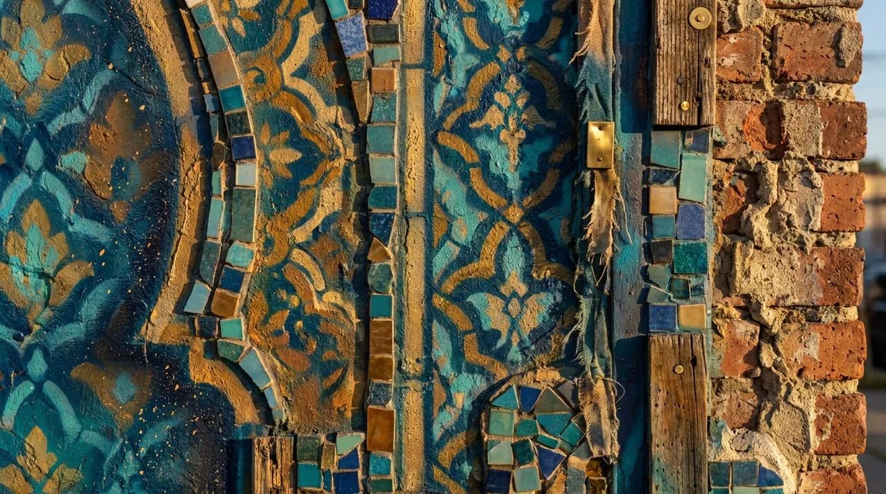 Extreme close-up of LA Inglewood mural detail showing layered spray paint texture, embedded tile mosaic, brick wall edge, warm afternoon light, vivid color palette