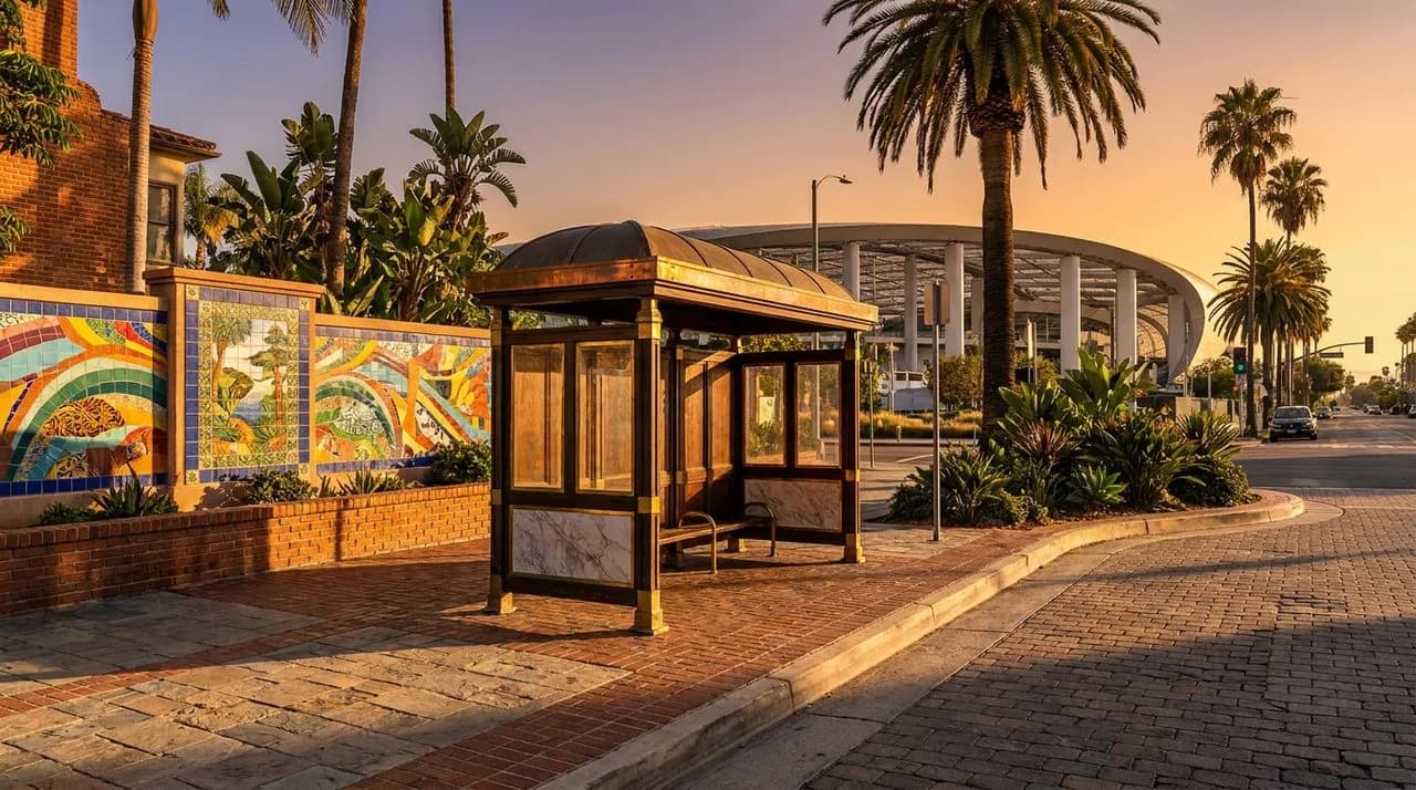 Bright sunny late-afternoon Inglewood street corner near SoFi Stadium, distant stadium silhouette in background, colorful mural wall to side, classic bus shelter mid-frame, palm trees, warm golden lig