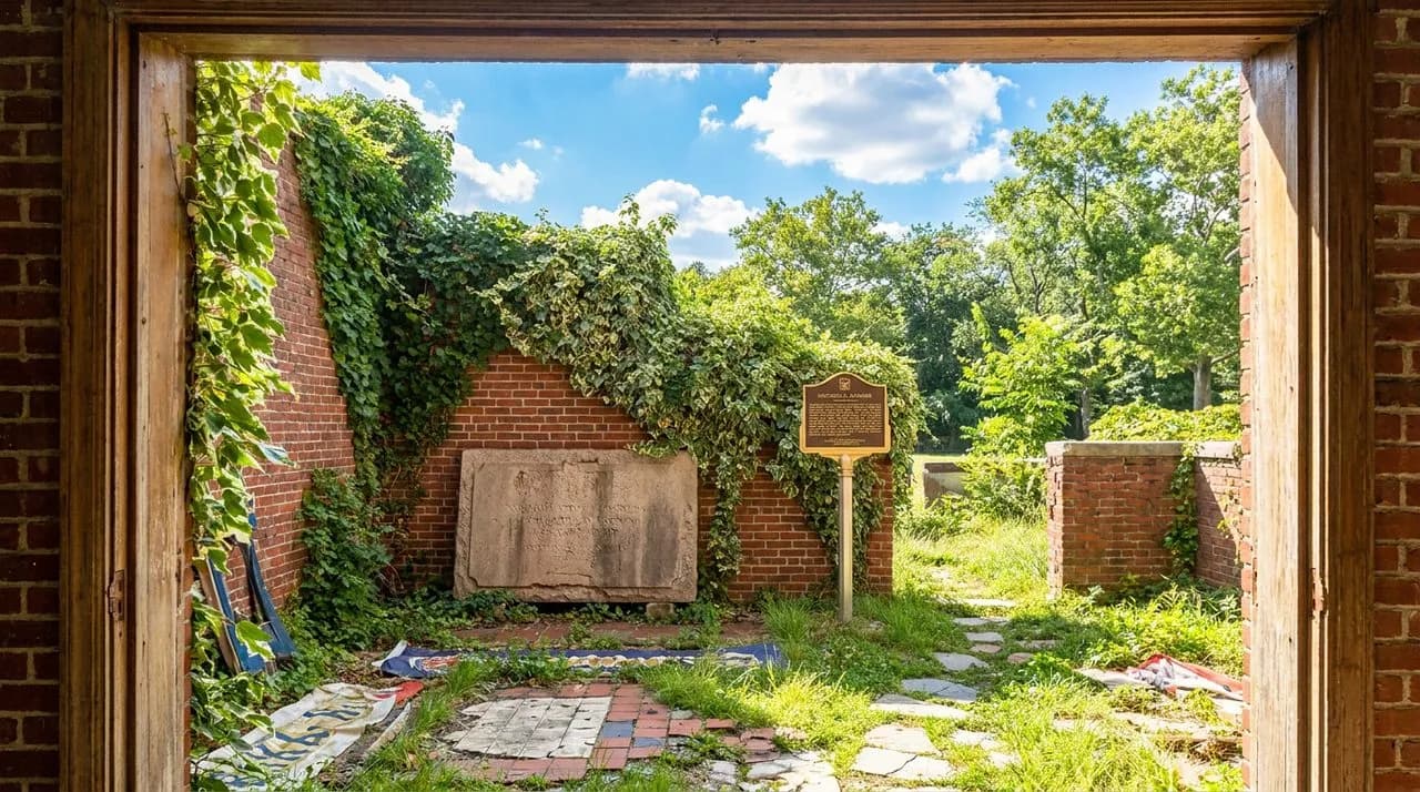 Bright sunny morning NYC historical soccer stadium remnant site, weathered stone plaque, ivy-covered brick wall remnant, leafy summer trees, vivid blue-and-cloud sky, polished metal historical marker