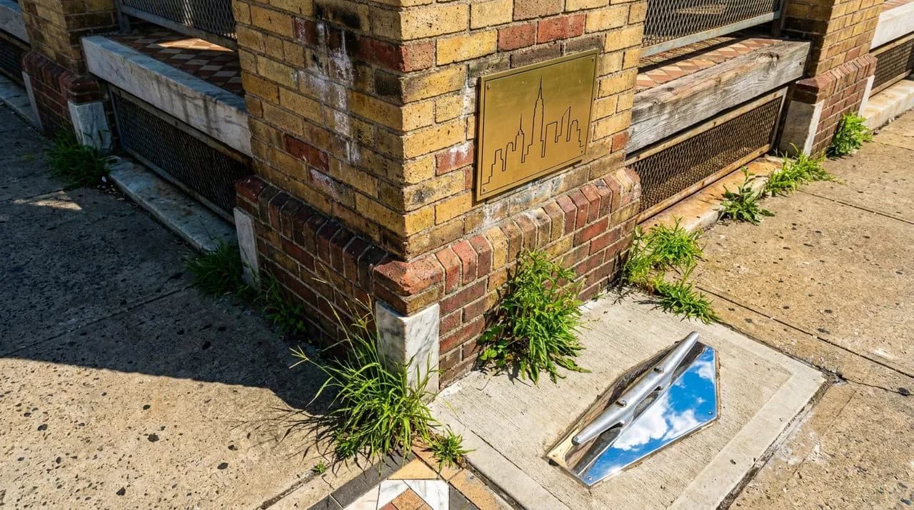 Bright sunny midday low-angle close shot of historic NYC stadium brick foundation patina, grass tufts growing from cracks, concrete pad, vivid sky reflected in metal cleat marker