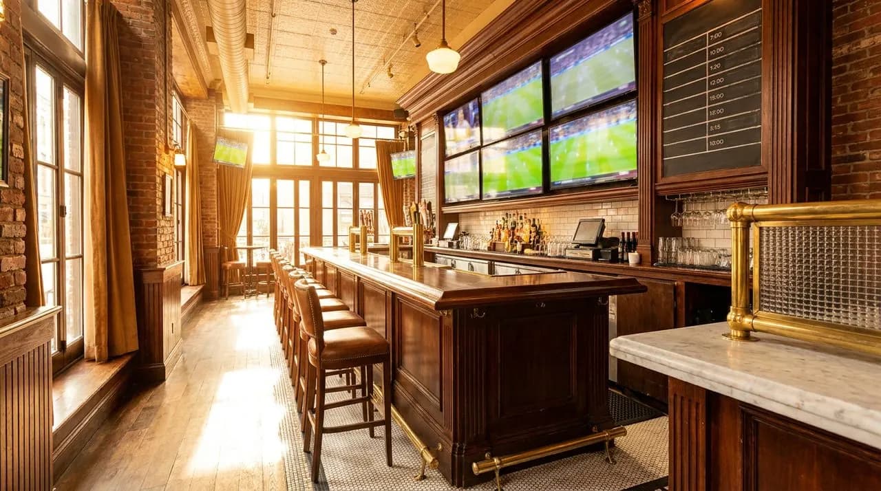 Bright sunny mid-afternoon NYC sports bar interior set up for World Cup 2026 group stage, long polished wood bar, brass railings, large flat screen TV wall, chalkboard match schedule, leather stools, 