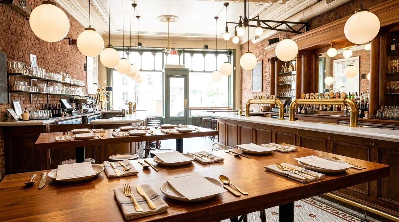 Bright sunny noon overhead view of NYC bar table setup for WC 2026 watch party, polished wood tables, matchday menu cards, globe pendant lights overhead, ceramic plates, brass tap arrangement in dista